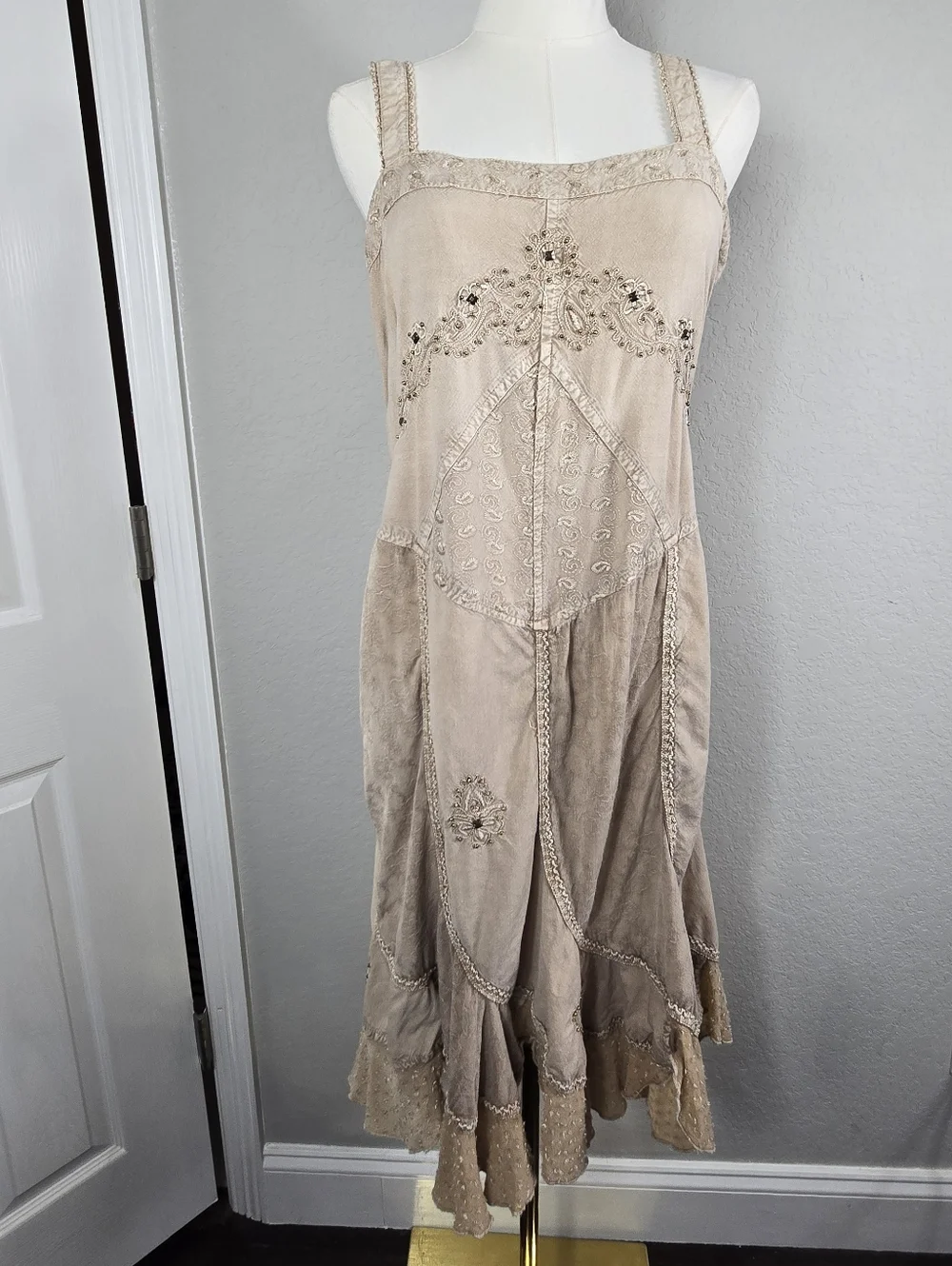 Coline XL Boho Goddess Embroidered Midi Dress Stonewashed Festival Chic Earthy